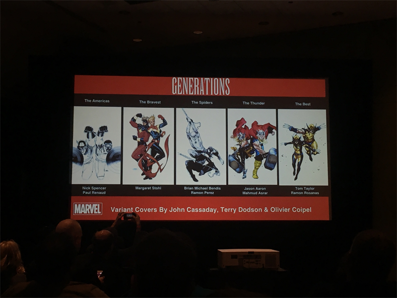 Covers for some of the Generations stories revealed at C2E2. Image: Beth Elderkin/Gizmodo